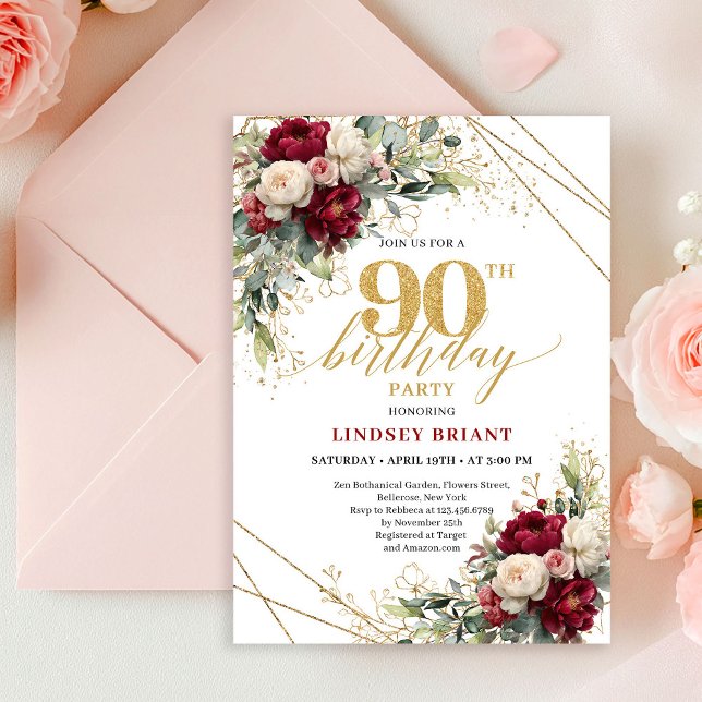 Eleganta röda vita guldrosor 90-års inbjudan  (Chic Maroon White Gold Roses 90th Birthday Invite Card

)