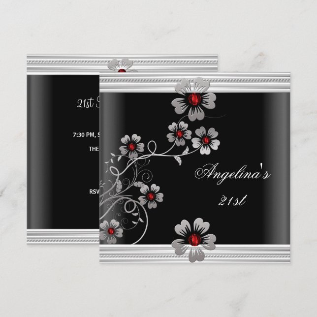 Eleganta röda vita svarta 21-årsblommor inbjudningar (Fram/baksida)