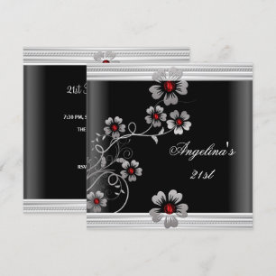 Eleganta röda vita svarta 21-årsblommor inbjudningar