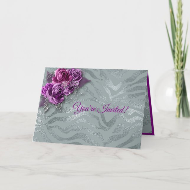 Eleganta Romantiska Lila Rosor & Silver Inbjudan (Framsida)