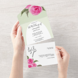 Eleganta Romantiska Rosa Gröna Akvarell Rosor