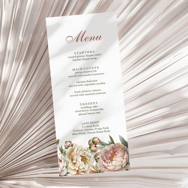 Eleganta Rosa Akvarell-Peonior Meny Kort (Elegant Blush Watercolor Peonies Menu Card on a sunny white dry palm leaf.)