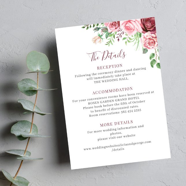 Eleganta rosa akvarellblommiga bröllopsdetaljer tilläggskort (Skapare uppladdad)