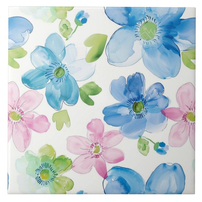 Eleganta rosa blå blommor kakelplatta (Framsidan)