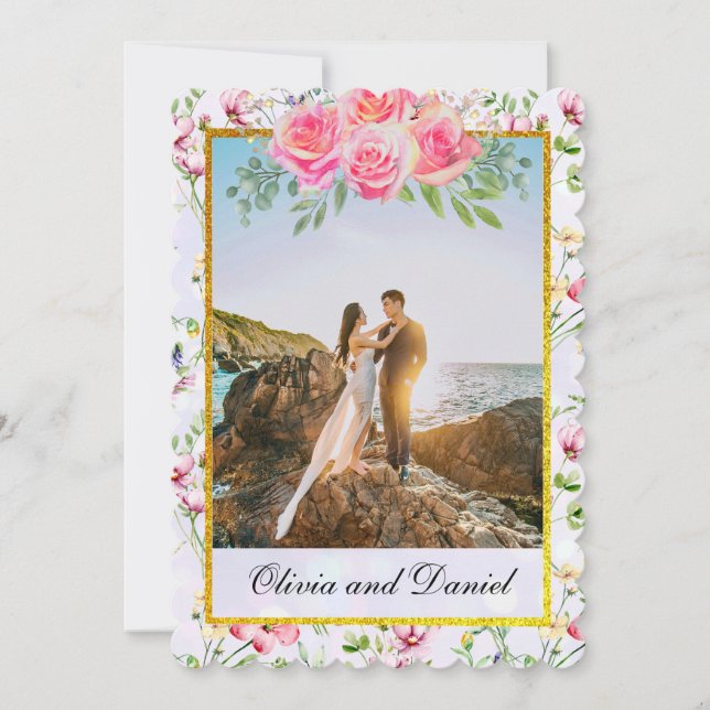 Eleganta rosa blommor akvarell bröllop inbjudningar (Framsida)