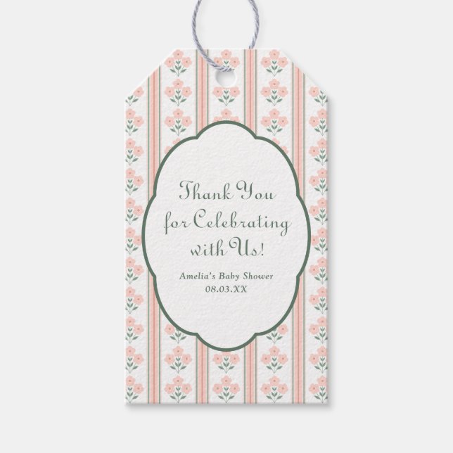 Eleganta rosa blommor Baby Shower Tack Presentetikett (Framsidan)