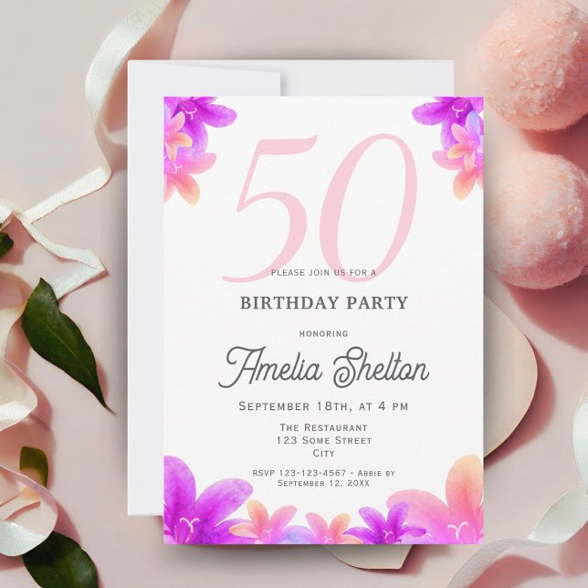 Eleganta Rosa Blommor Blommig 50-års Födelsedagsfe Inbjudningar (Skapare uppladdad)