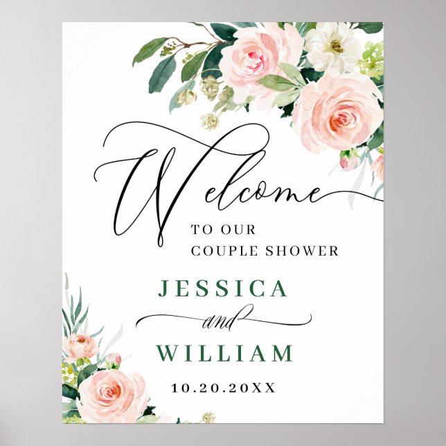 Eleganta Rosa Blommor Boho Par Bröllopsdusch Poster (Framsidan)