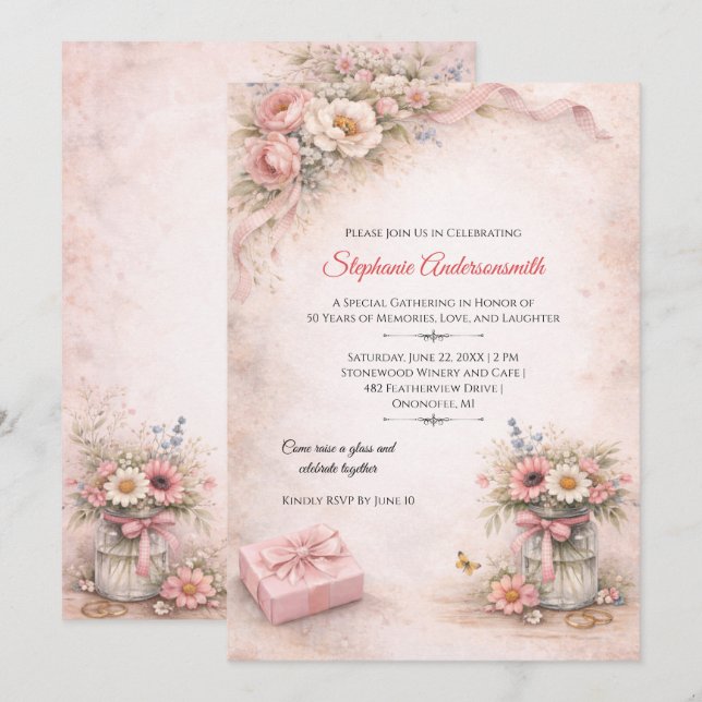 Eleganta rosa blommor födelsedagsfest | inbjudningar (Fram/baksida)