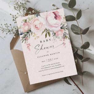 Eleganta rosa blommor Grönska Trädgård Baby Shower Inbjudningar