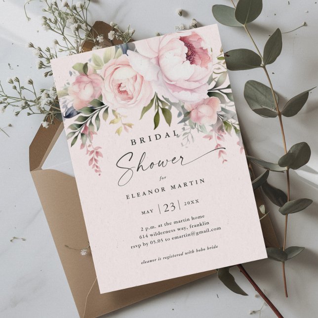 Eleganta rosa blommor Grönska Trädgård Bröllopsdus Inbjudningar (Elegant Pink Flowers Greenery Garden Bridal Shower Invitation)