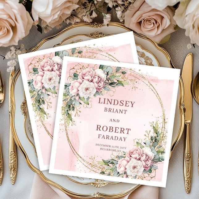 Eleganta Rosa Blommor Guld Glitter Bröllop   Pappersservett (Elegant Blush Pink Flowers Gold Glitter Wedding Napkins)