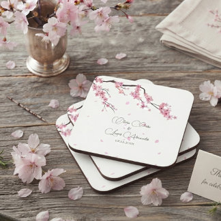 Eleganta rosa blommor Körsbärsblomning Vattenfärg Underlägg Papper Kvadrat