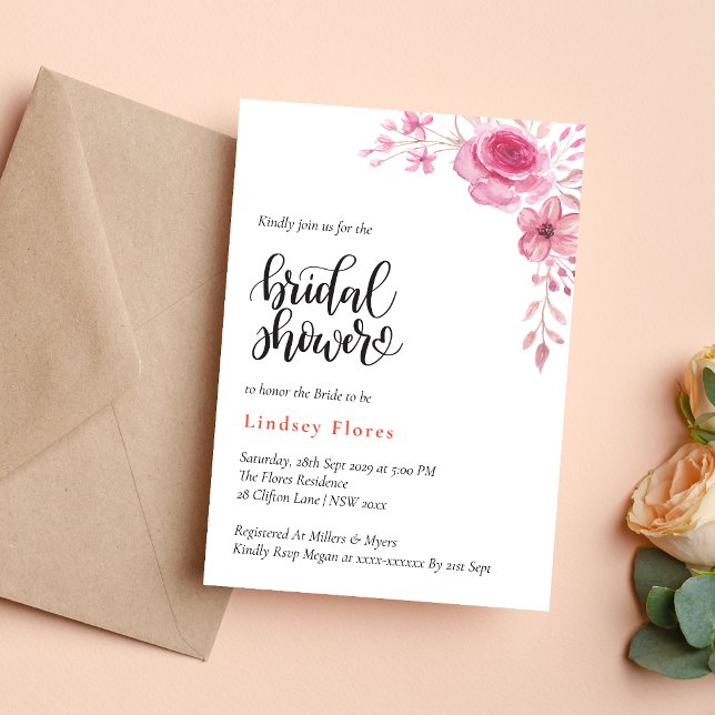 Eleganta Rosa Blommor och Grönska Bröllopsdusch Inbjudningar (Elegant pink flowers and greenery invitation creates a soft, romantic bridal shower tone)