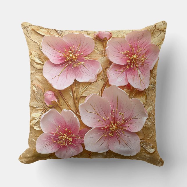 Eleganta rosa blommor på guldtextur kudde (Framsida)