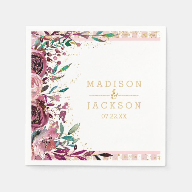 Eleganta Rosa Blommor Ränder & Guld Monogram Bröll Pappersservett (Framsidan)