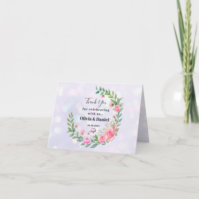 Eleganta Rosa Blommor Tack Bröllop Kort (Framsida)