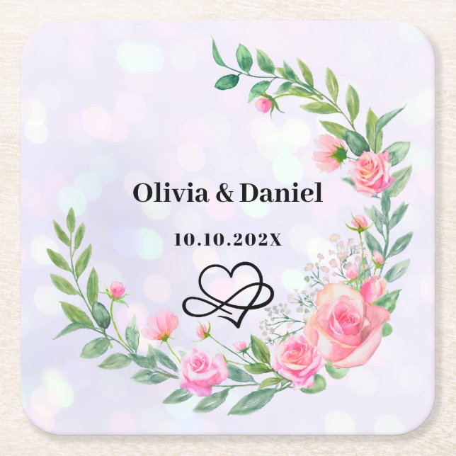 Eleganta Rosa Blommor Tack Bröllop Underlägg Papper Kvadrat (Framsidan)