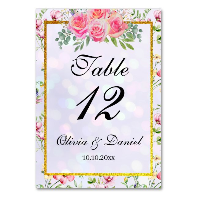 Eleganta Rosa Blommor Vattenfärg Bröllopsbord Bordsnummer (Framsidan)