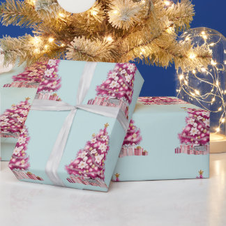 Eleganta rosa blomsterliknande julgranar på isblåt presentpapper