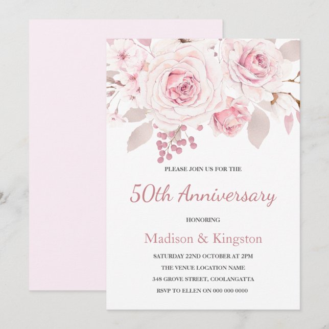 Eleganta Rosa Blushrosor 50-års bröllopsdag Inbjudningar (Fram/baksida)