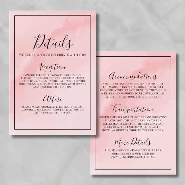 Eleganta Rosa Bröllopsdetaljer Tilläggskort (Minimal Elegant Pink Wedding Details Enclosure Card)