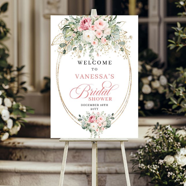 Eleganta Rosa Bröllopsdusch Välkommen Guld Poster (Elegant Blush and Gold Dusty Pink Floral Bridal Shower Welcome)