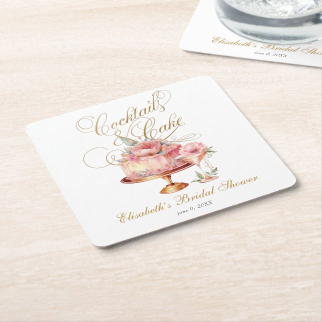 Eleganta rosa drinkar och tårta bröllopsdusch underlägg papper kvadrat (Vinklad)