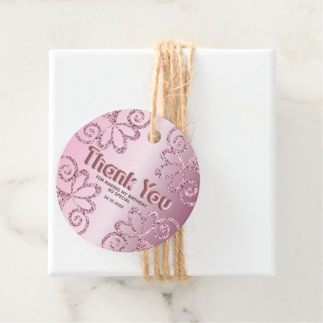 Eleganta rosa glitter födelsedagspresentkort gåvor etiketter (På plats)