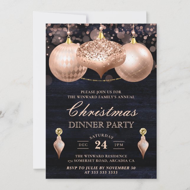 Eleganta Rosa Guld Baubles Jul Dinnerfest Inbjudningar (Framsida)