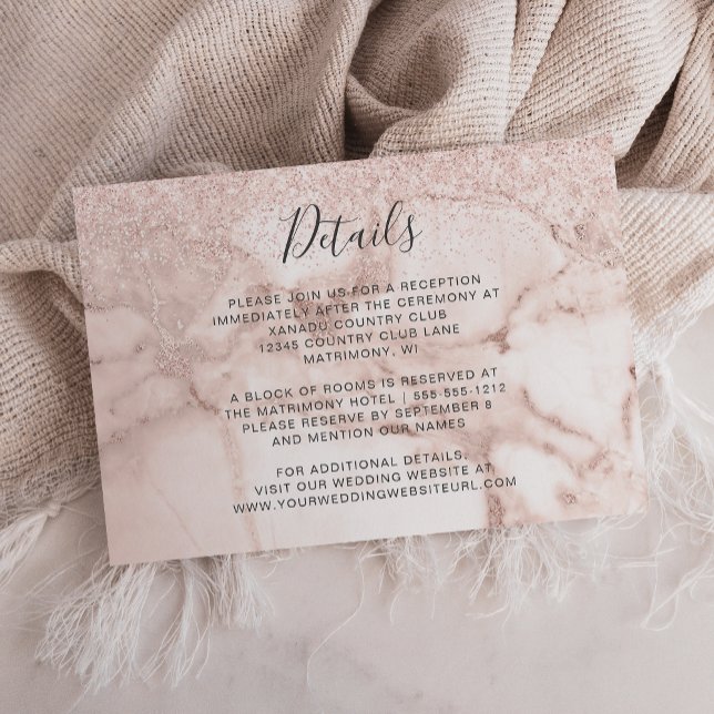 Eleganta rosa guldmarmor glitter bröllopsdetaljer tilläggskort (Skapare uppladdad)