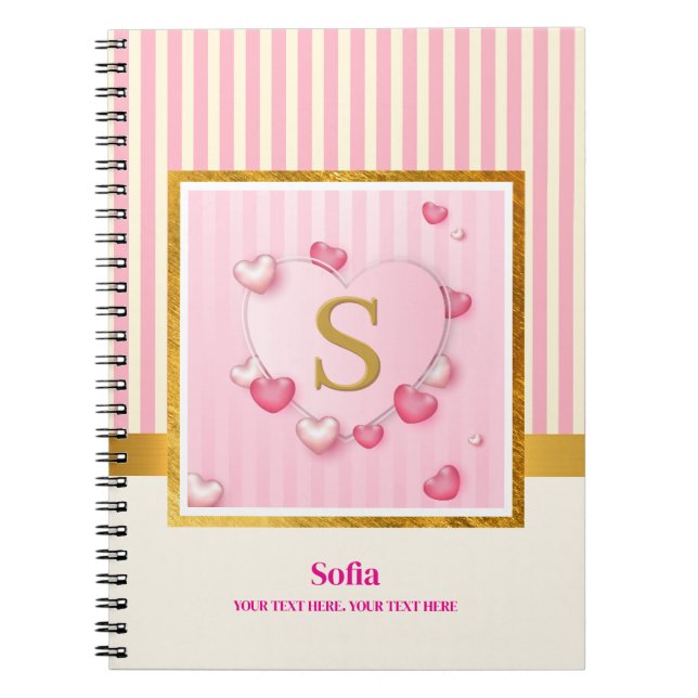 Eleganta rosa hjärtan, guldränder Monogram initial Anteckningsbok (Framsidan)