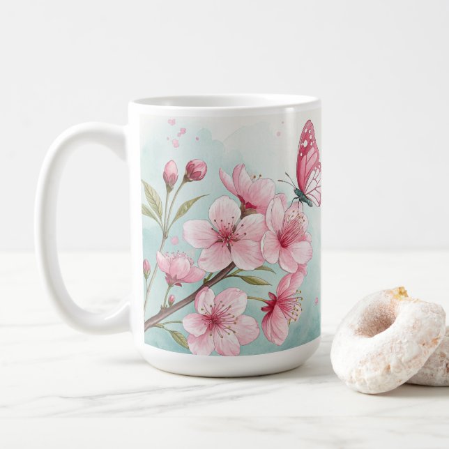 Eleganta rosa körsbärsblommor blommig & fjäril kaffemugg (Med munk)