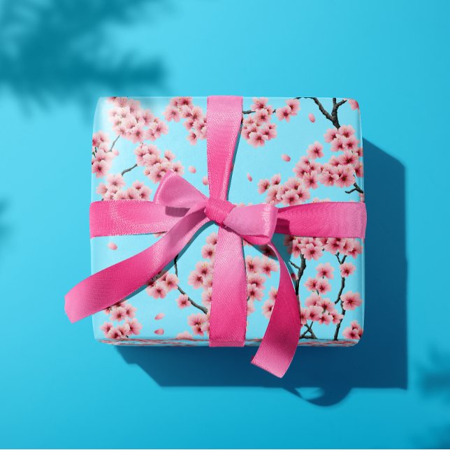Eleganta rosa körsbärsblommor på himmelblå  presentpapper (https://www.zazzle.com/elegant_pink_cherry_blossoms_sky_blue_christmas_wrapping_paper-25631112074814)