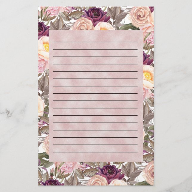 Eleganta rosa lila peonior på rad brevpapper (Framsida)