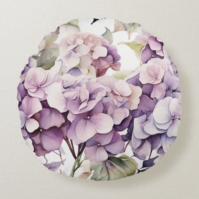 Eleganta rosa lila vattenfärgshortensior  rund kudde (Framsidan)