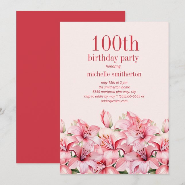 Eleganta rosa liljor 100-årsdag inbjudningar (Fram/baksida)