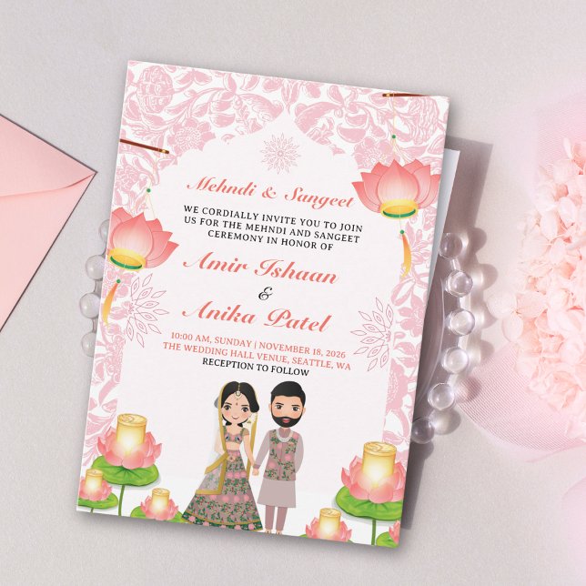 Eleganta Rosa Lotuslyktor Mehndi Sangeet Indisk Inbjudningar (Skapare uppladdad)