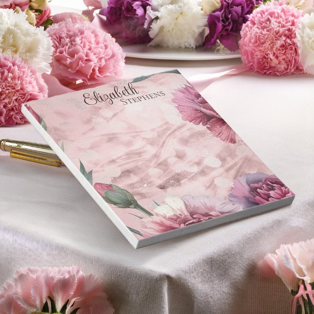 Eleganta Rosa Nejlikor Boho Blommig - Namn Anteckningsblock (Personalized Carnation Floral Watercolor Notepad | Elegant Pink Mauve Burgundy Name Stationery)
