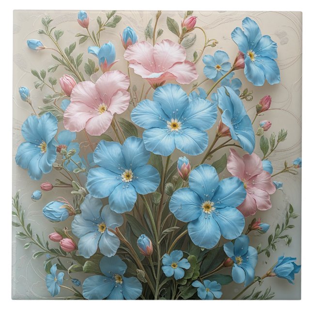 Eleganta rosa och blå blommor  kakelplatta (Framsidan)