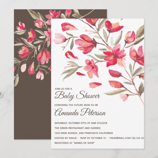 Eleganta rosa och röda blommor i blomning  Bebisen Inbjudningar (Fram/baksida)