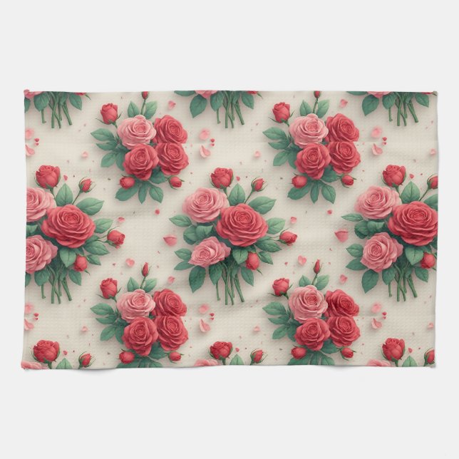 Eleganta rosa och röda rosenbuketter kökshandduk (Horisontell)