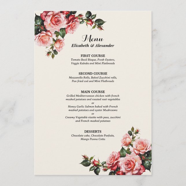 Eleganta rosa och röda rosor blommande bröllop meny (Framsida)