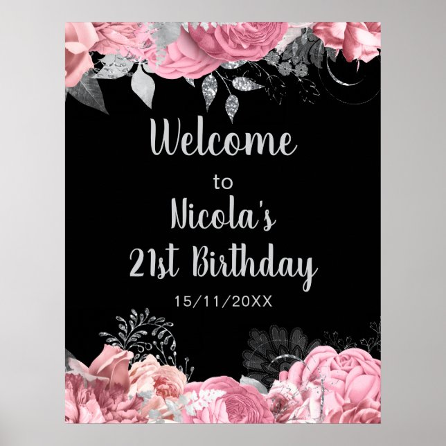 Eleganta rosa och silverblommor Födelsedagsfest  Poster (Framsidan)