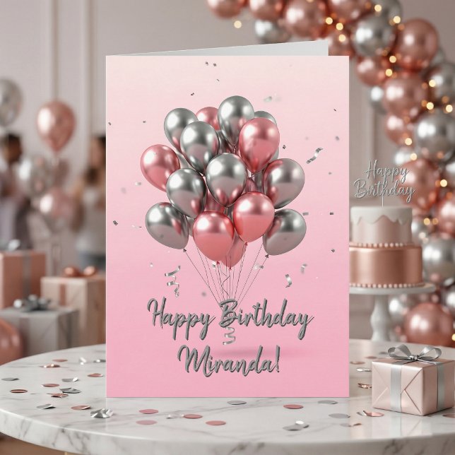 Eleganta rosa och silverfärgade metalliska ballong kort (Skapare uppladdad)