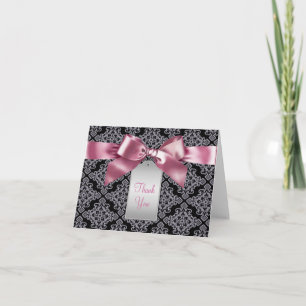 Eleganta rosa och svarta damast tack-kort tack kort
