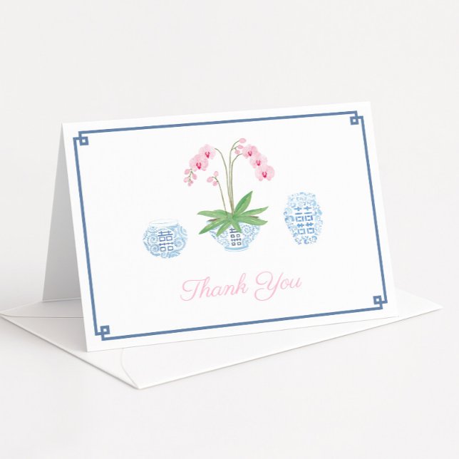 Eleganta rosa orkidé Ginger-krukor Bröllopsdusch Tack Kort (Smart navy and pink chinoiserie bridal shower thank you card design with watercolor pink orchid)