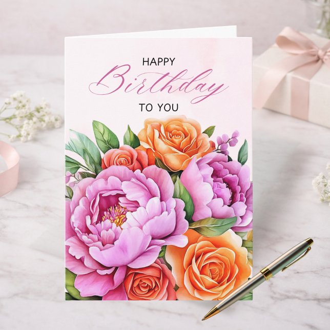 Eleganta rosa peonior Blommig födelsedagsgratulati Kort (Skapare uppladdad)
