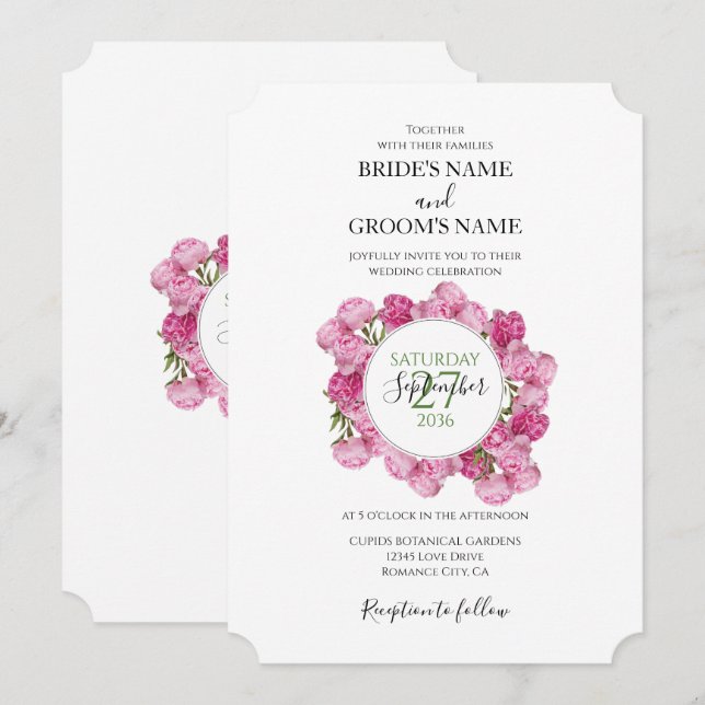 Eleganta Rosa Peony Bröllopsinbjudningar Inbjudningar (Fram/baksida)