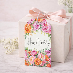 Eleganta Rosa Pioner Blommig Presenttagg Presentetikett